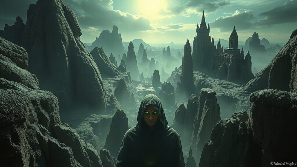 Surreal Landscape with Green Eyes in a Dreamlike Realm