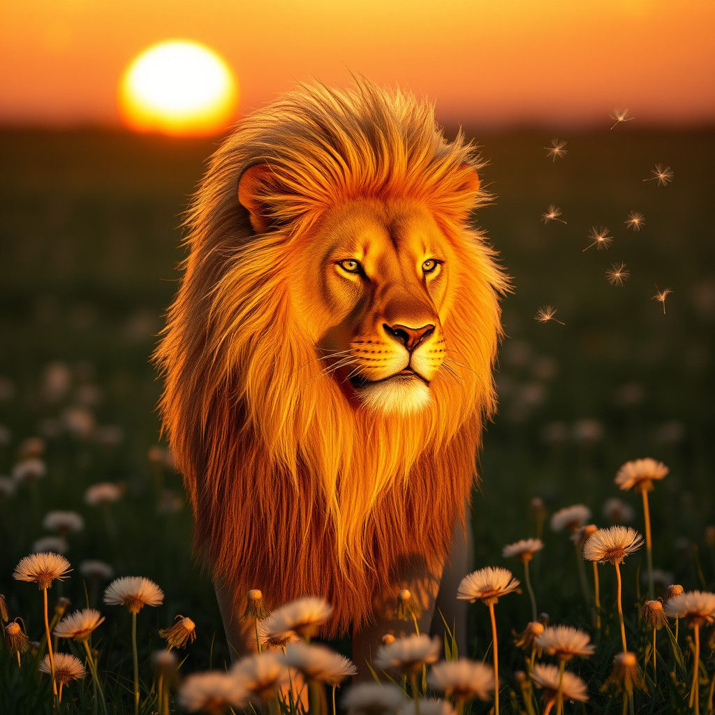 Golden Lion in Dandelion Field at Sunset