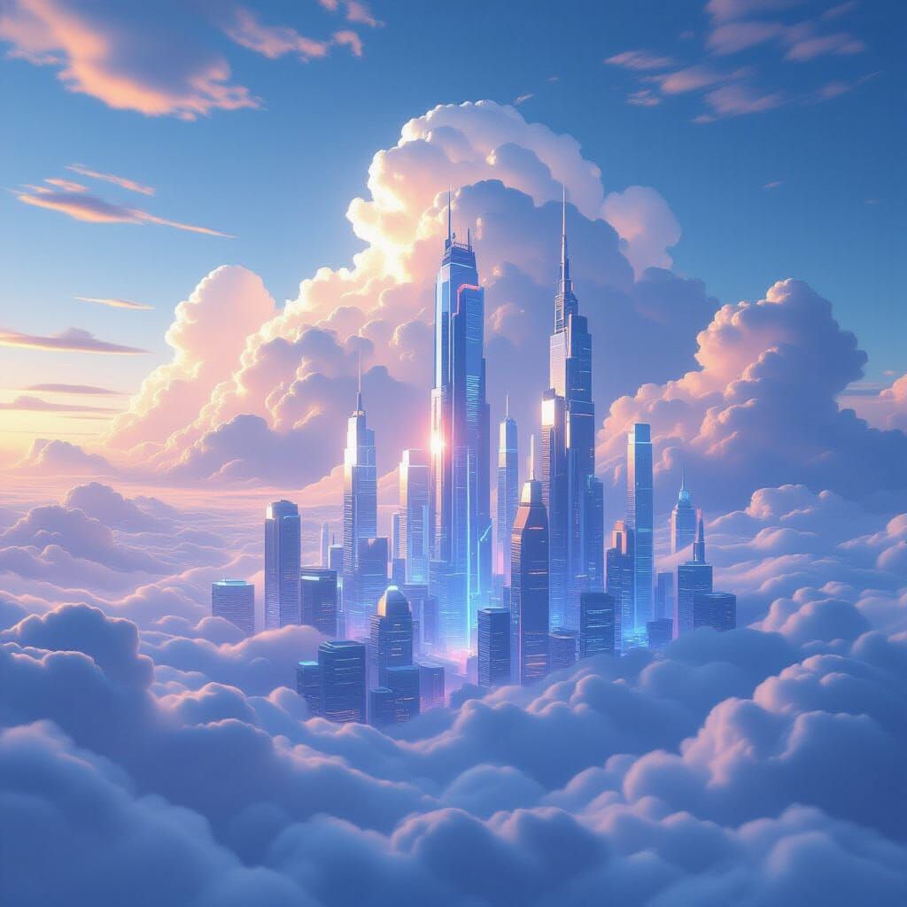 Futuristic City in Clouds, Ethereal & Neon