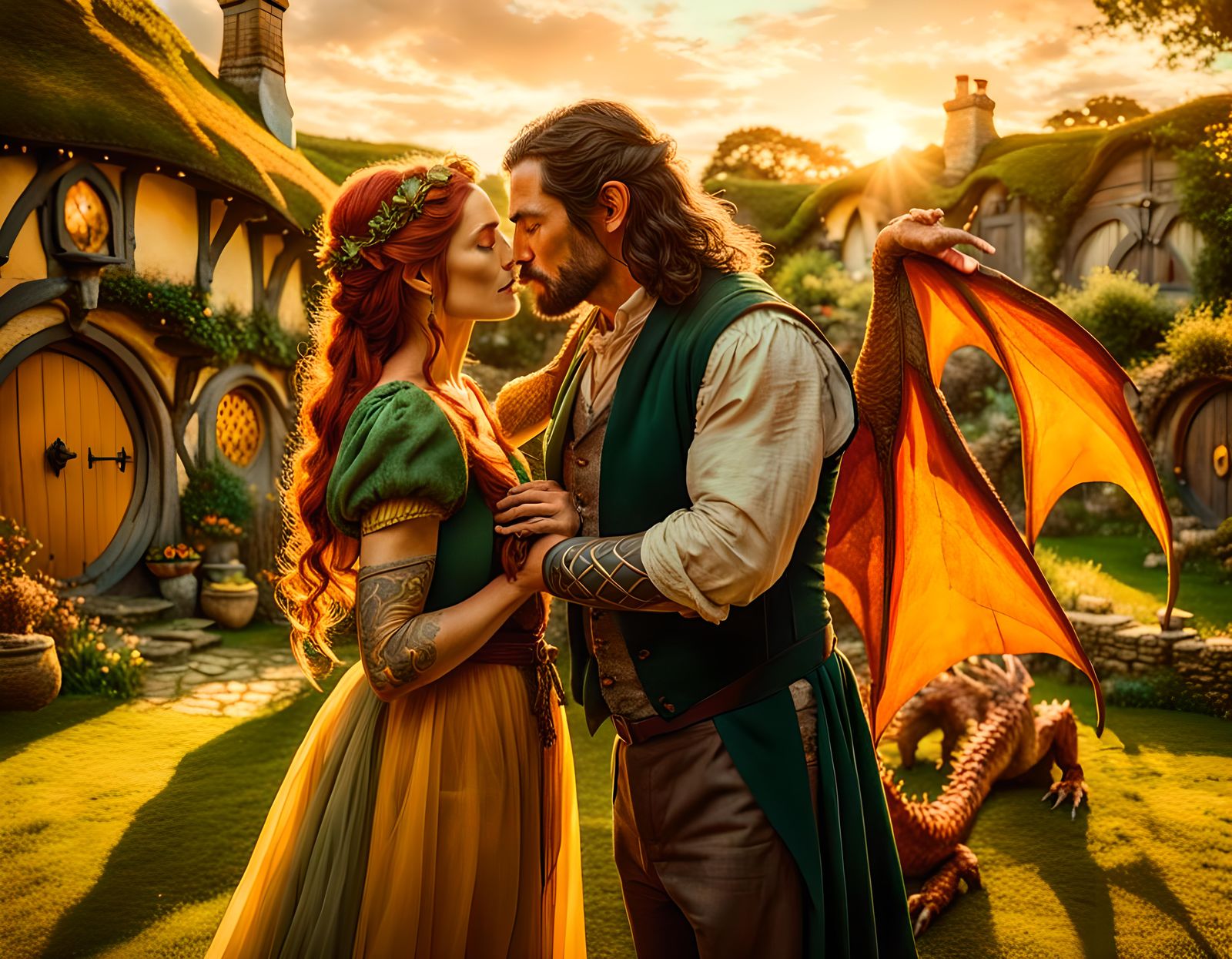 Hobbit Couple with Dragon in Hobbiton Yard