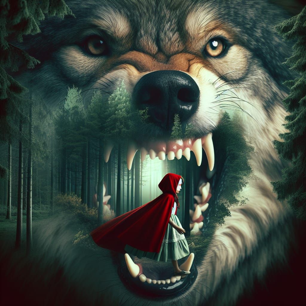 Hyperrealistic Double Exposure of Wolf and Little Red Riding...