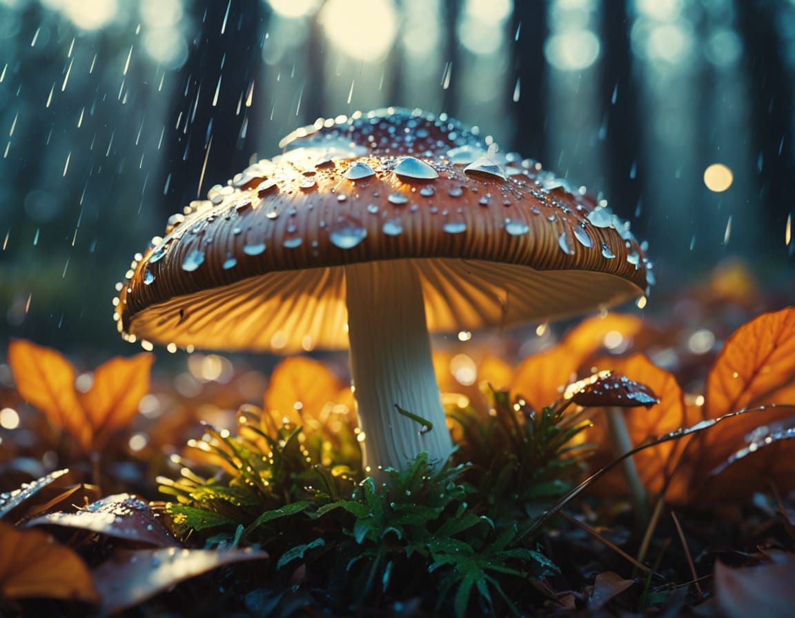 Radiant Mushroom in Autumn Leaves, Cinematic Still