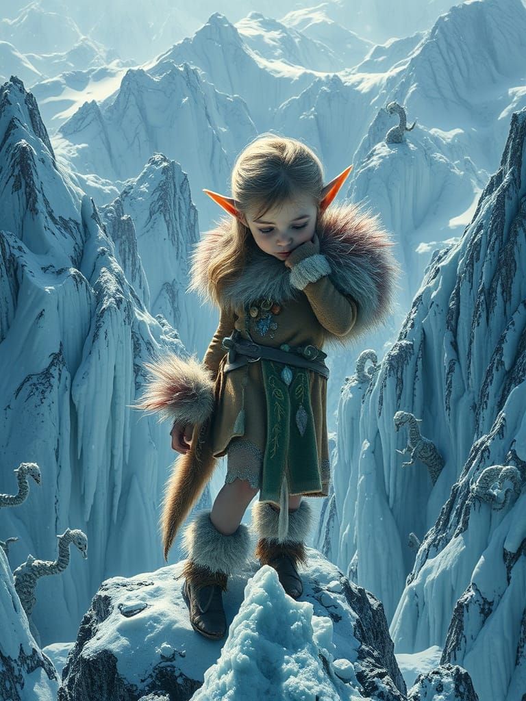 Ethereal Elf Confronts Frosty Monstrosities on Glacial Peak