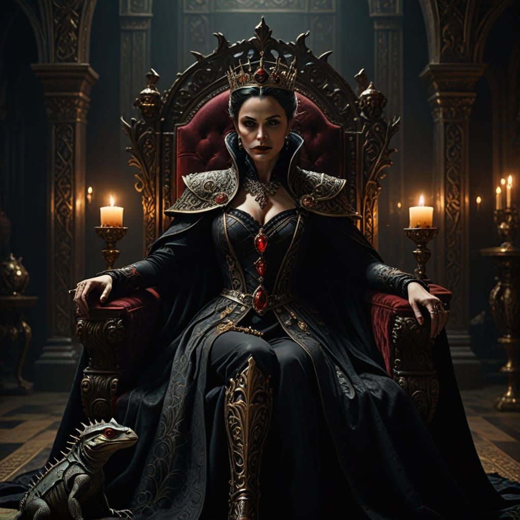 Dark Regal Queen in Opulent Throne Room