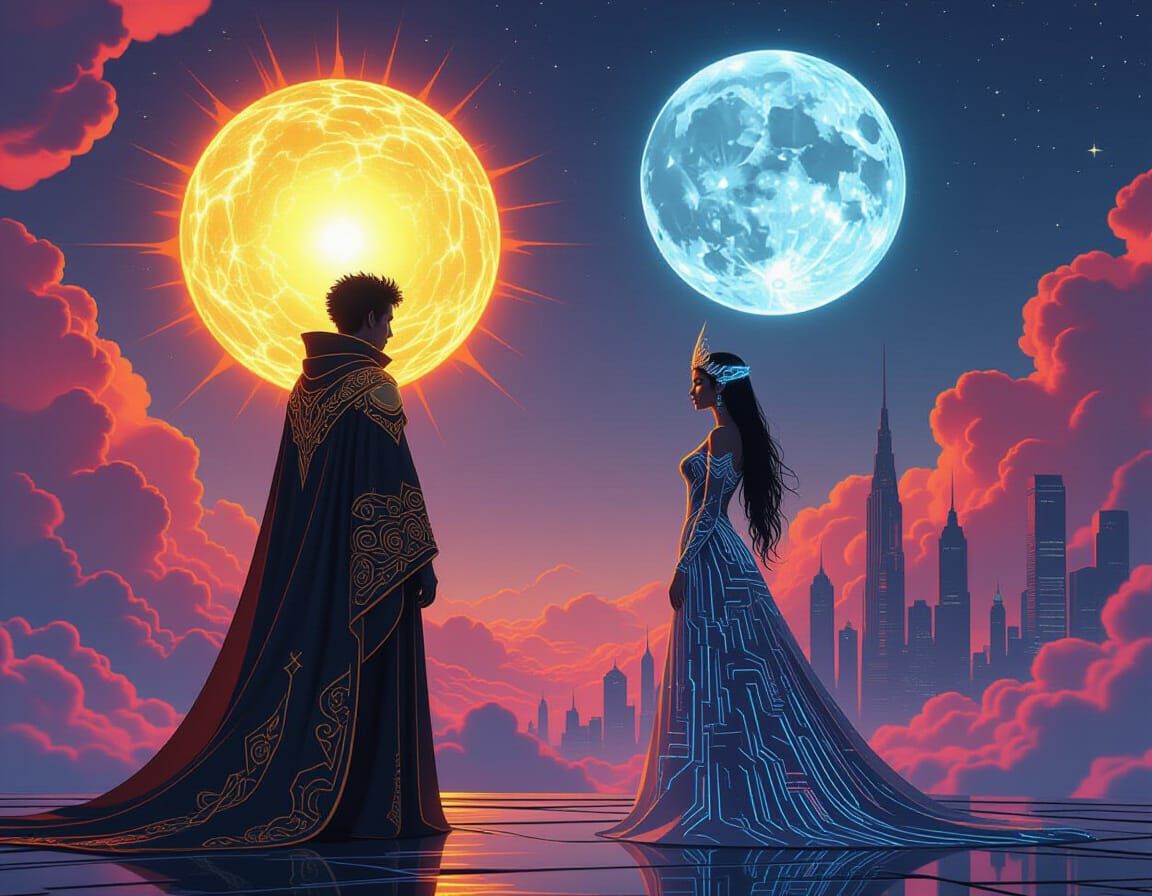 Solar Prince and Lunar Empress in Cyberpunk Fantasy