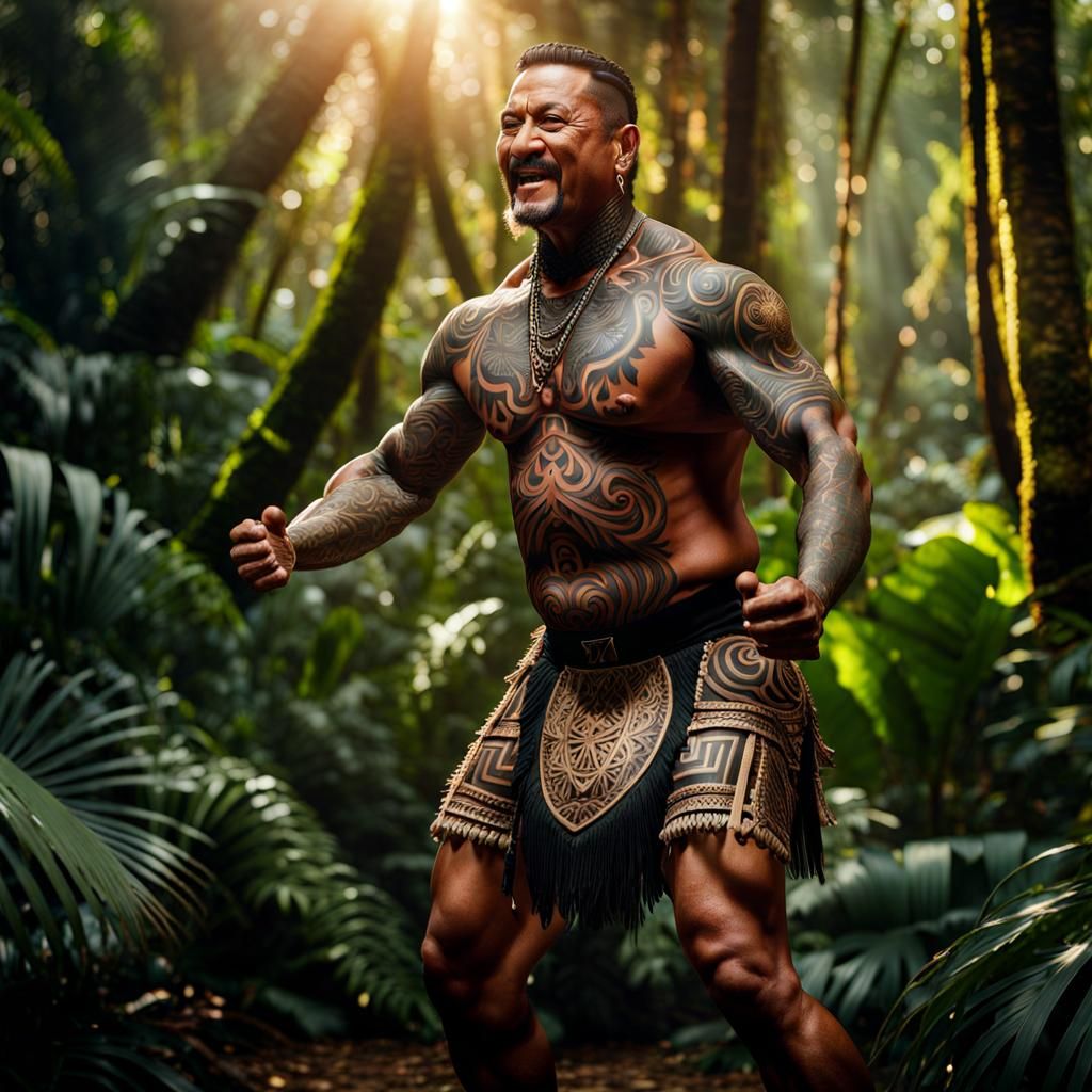 Proud Maori Man Performs Haka in Tropical Forest