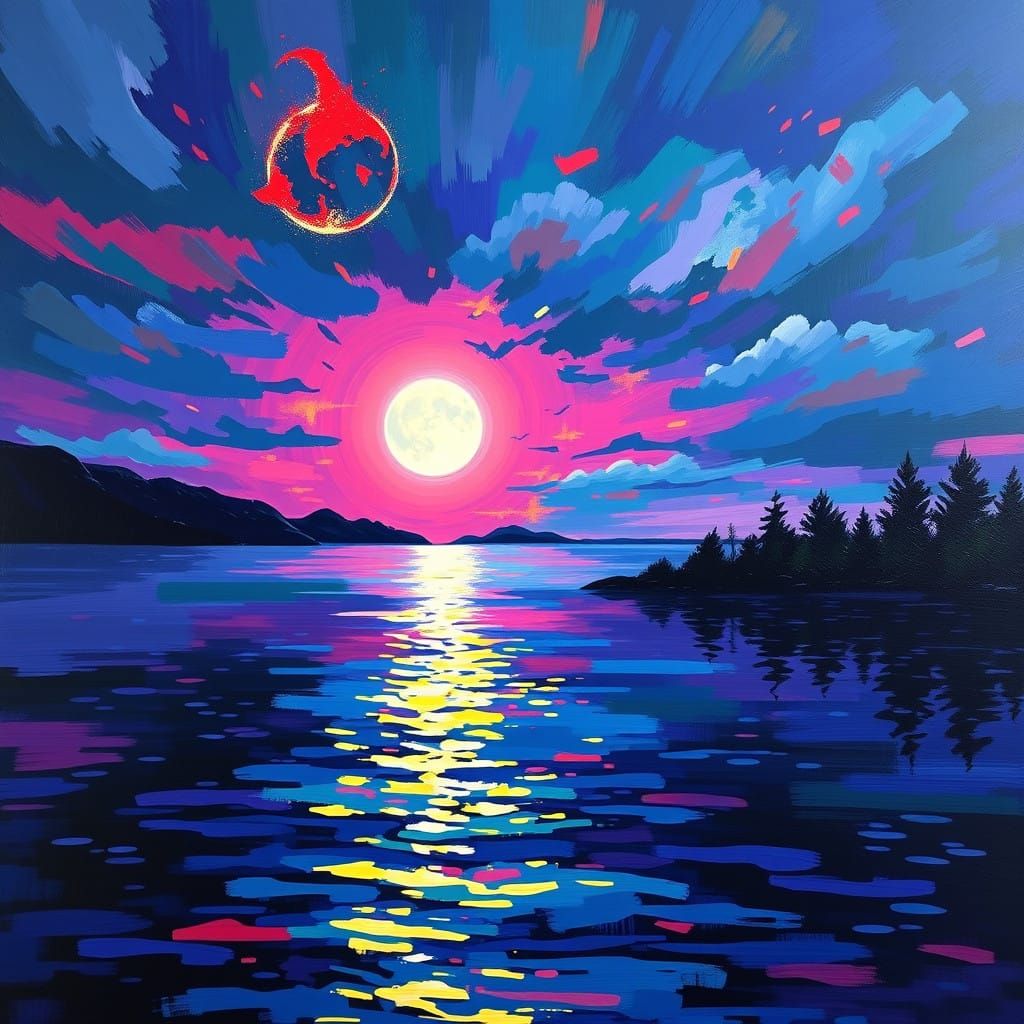 Moonlit Lake Landscape in Impressionist Street Art Style