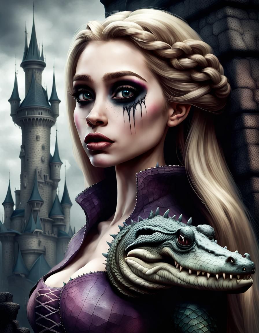 Evil Rapunzel Portrait with Crocodile in Dark Fantasy Style
