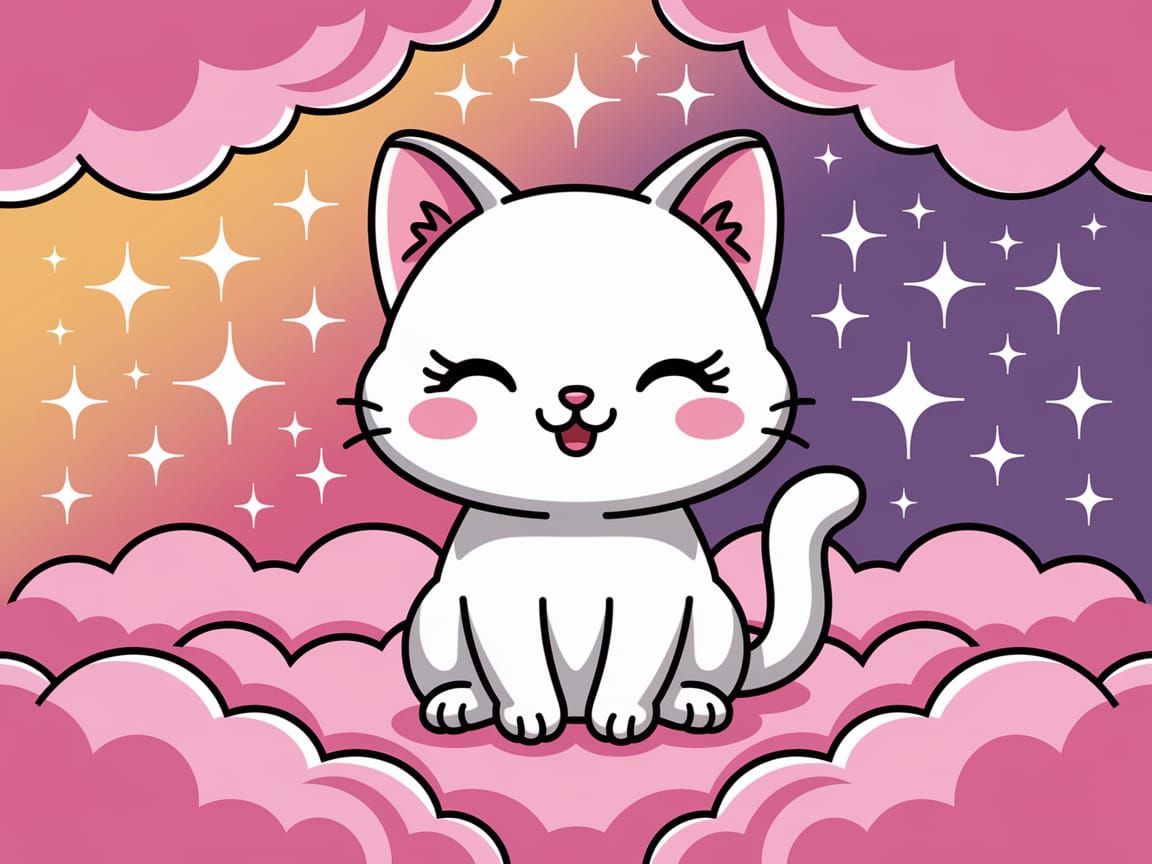 Cute Cat Napping in Pink Clouds, Kawaii Anime Style