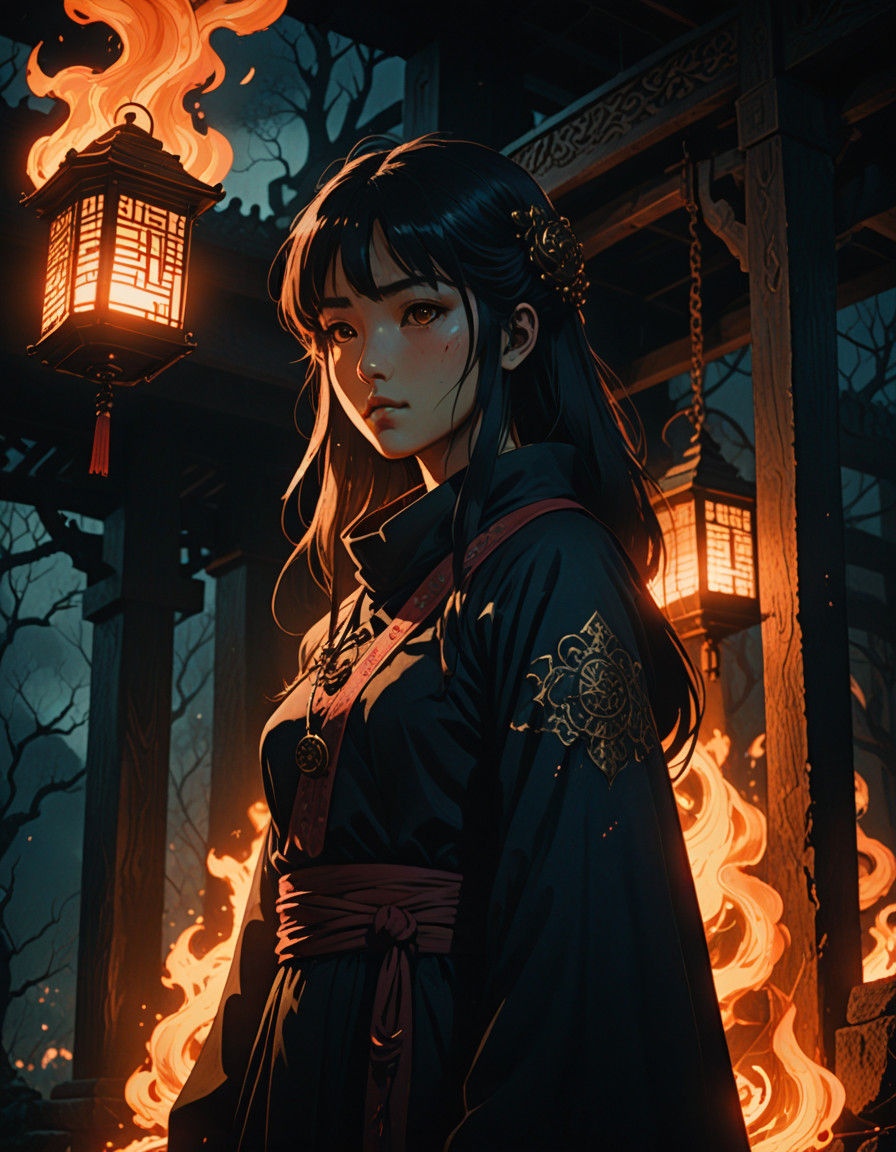 Shrine Maiden amidst Fiery Flames in Dark Fantasy Anime