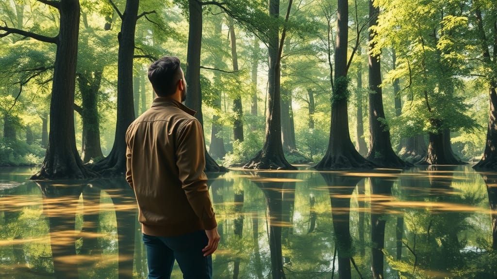Contemplative Man at Forest Pond: Impressionist Landscape