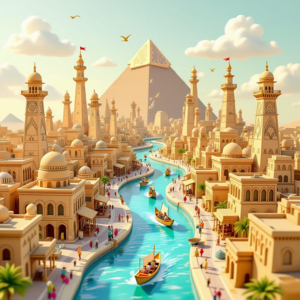 Surreal Egyptian Cityscape with Rivers in Storybook Style