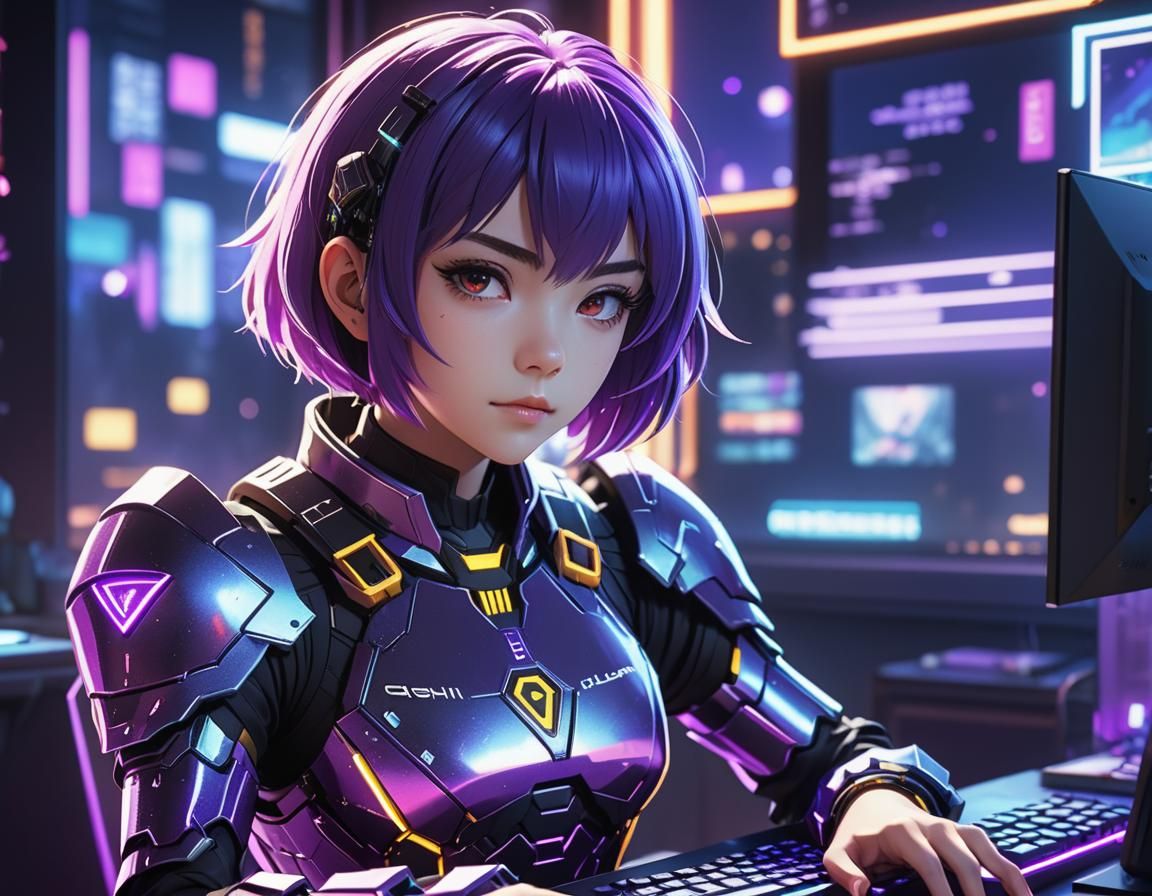 Anime Heroine in Neon Cityscape, 3D Rendered