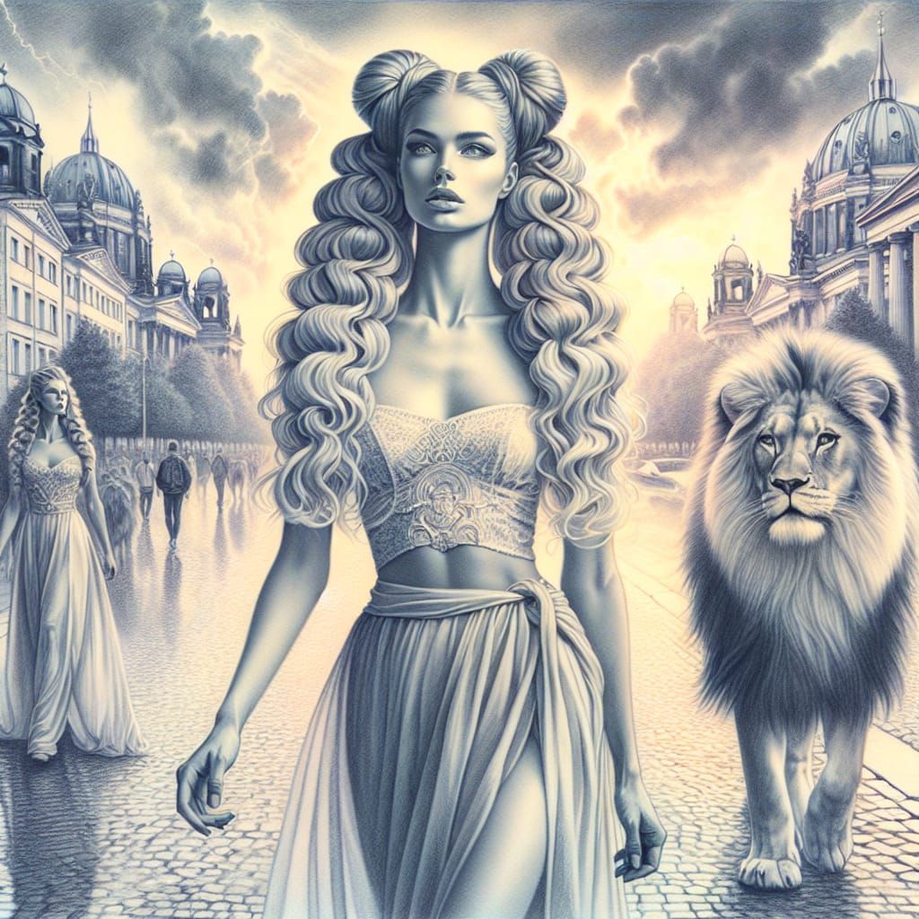 Woman and Lion Stroll in Berlin: Pencil Sketch