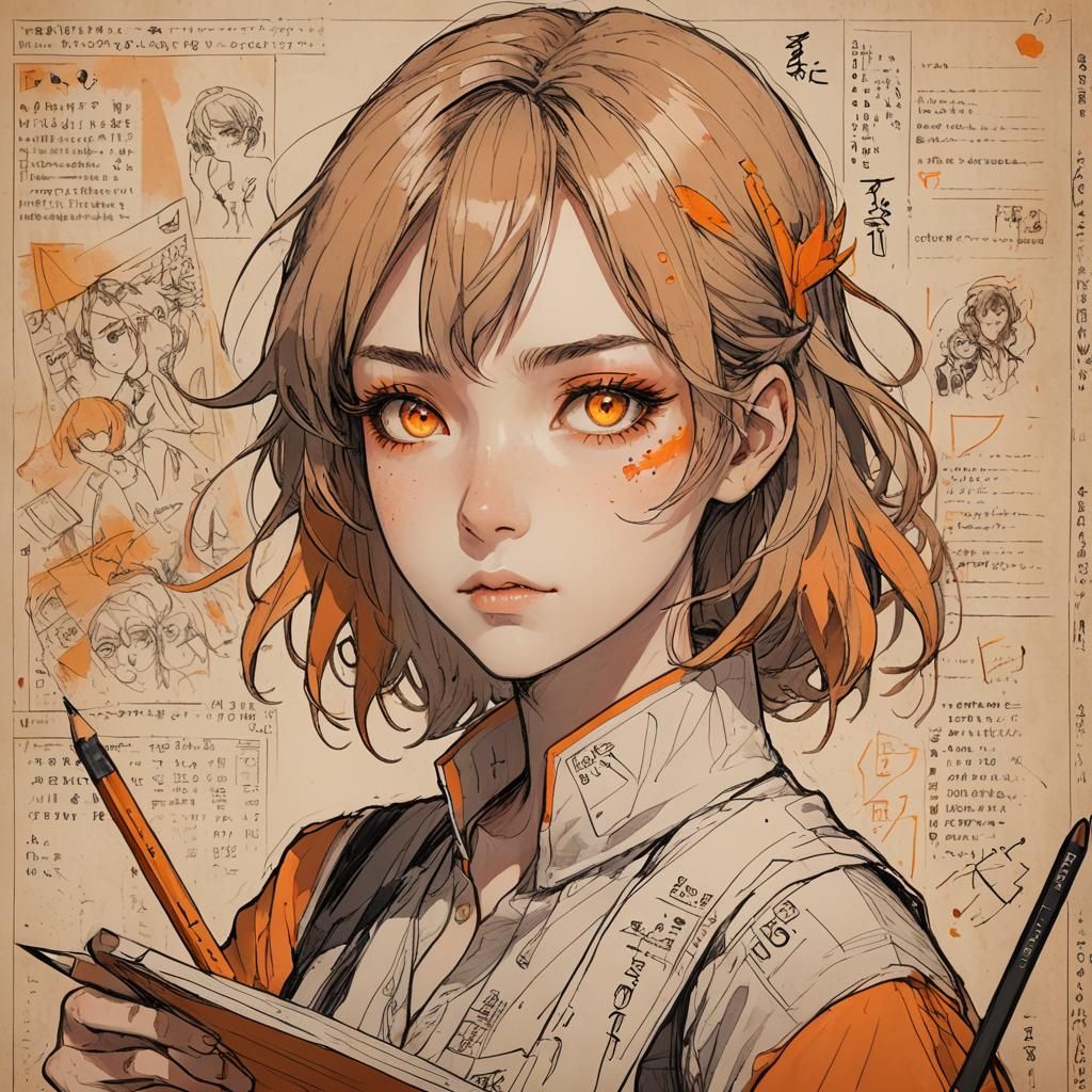 Girl with Orange Eyes: Manga-Style Digital Portrait