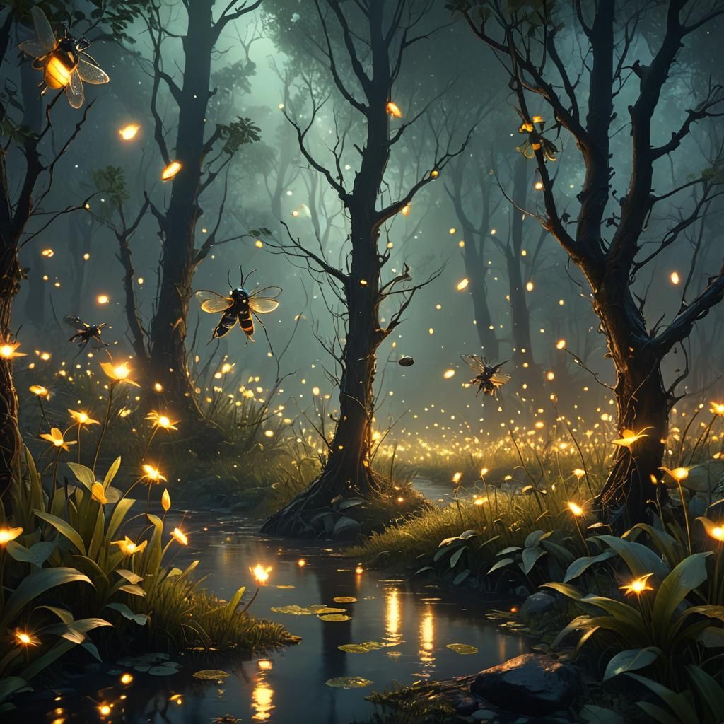 Luminous Fireflies in a Detailed Fantasy Landscape