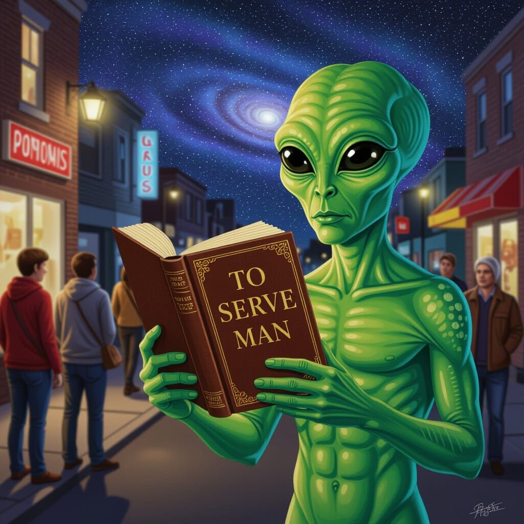 Alien Offers "To Serve Man" Book in Cosmic Illustration