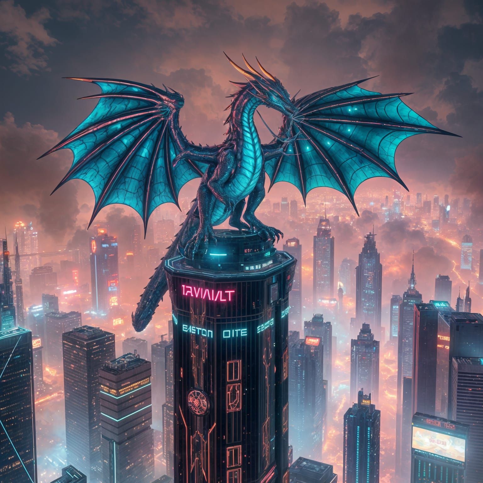Cyberpunk Cityscape with Cybernetic Dragon