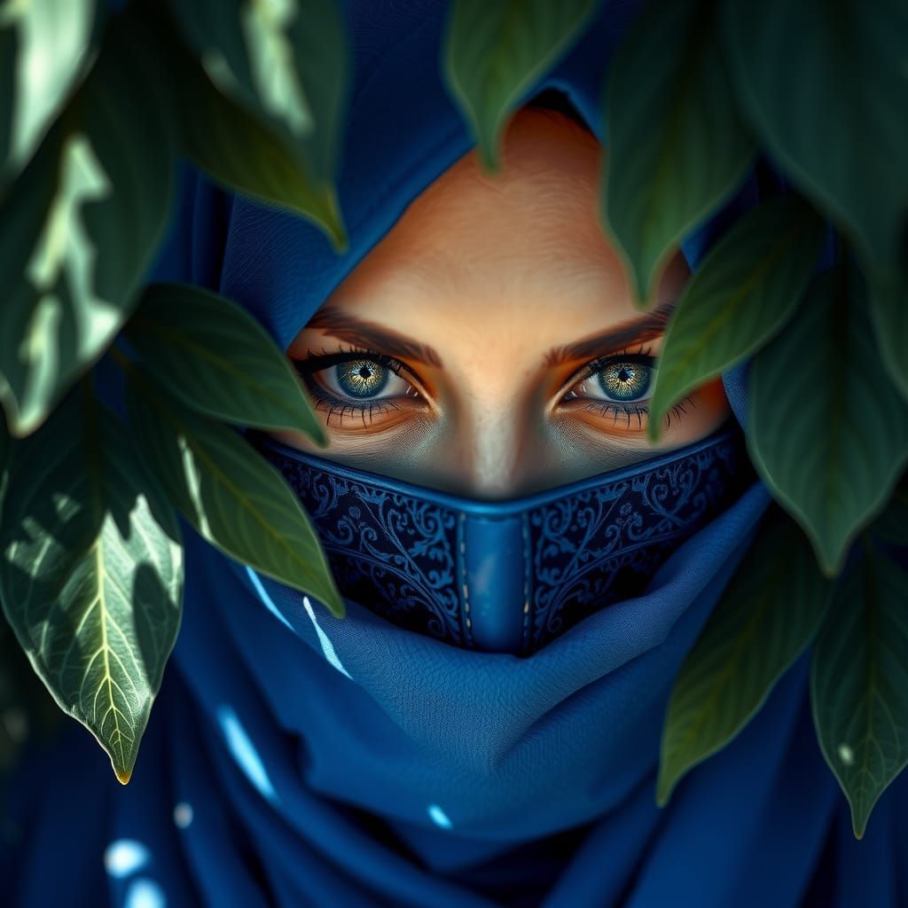 Mysterious Woman in Blue Hijab, Hyperrealistic 8K Art