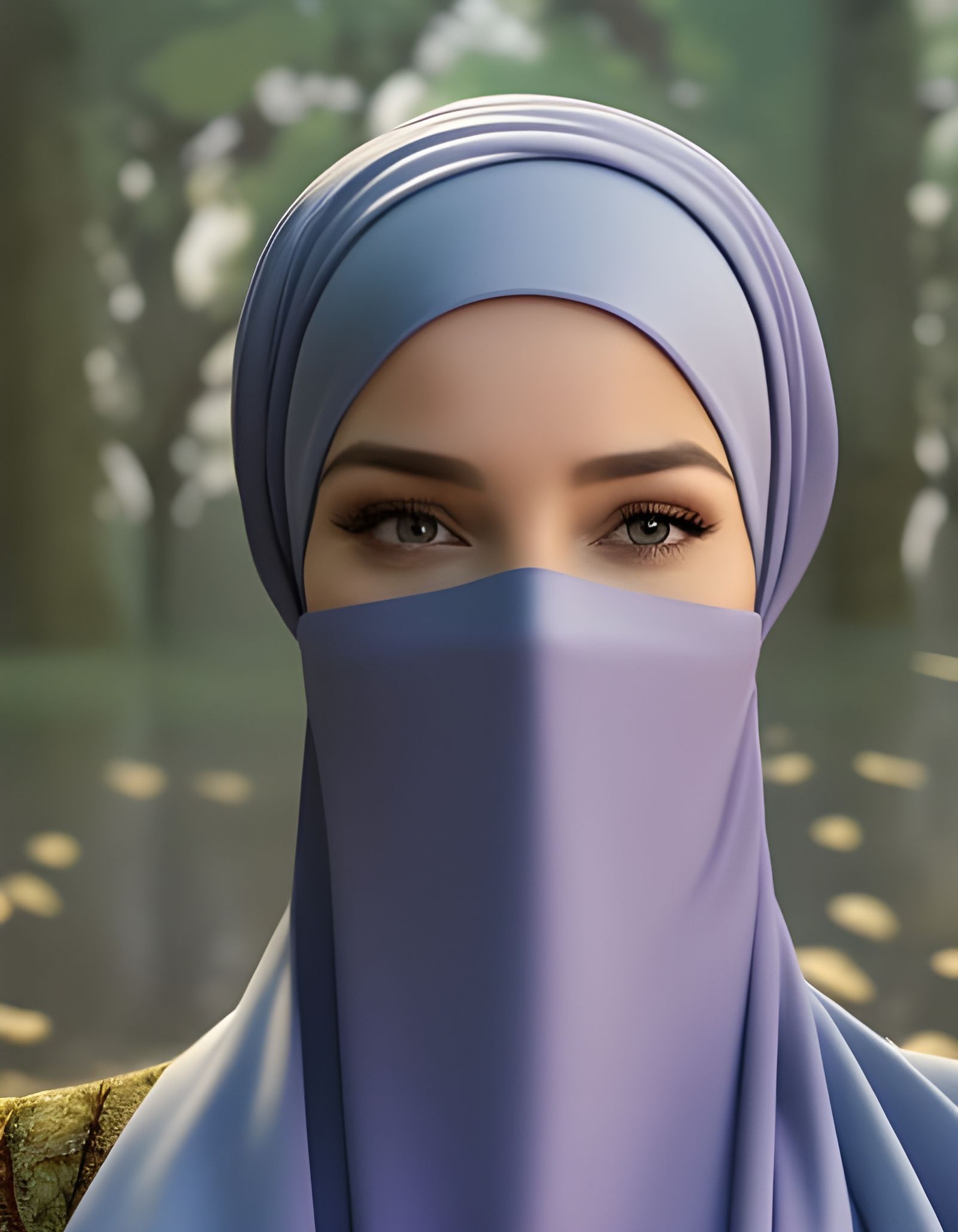 Veiled Woman Portrait in City Garden, Detailed Digital Art