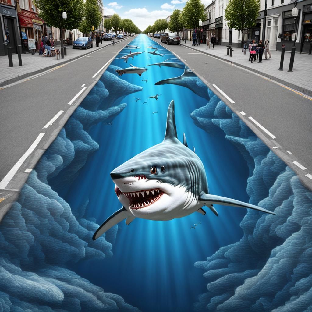 3D Shark Street Art in Trompe-l'oeil Style
