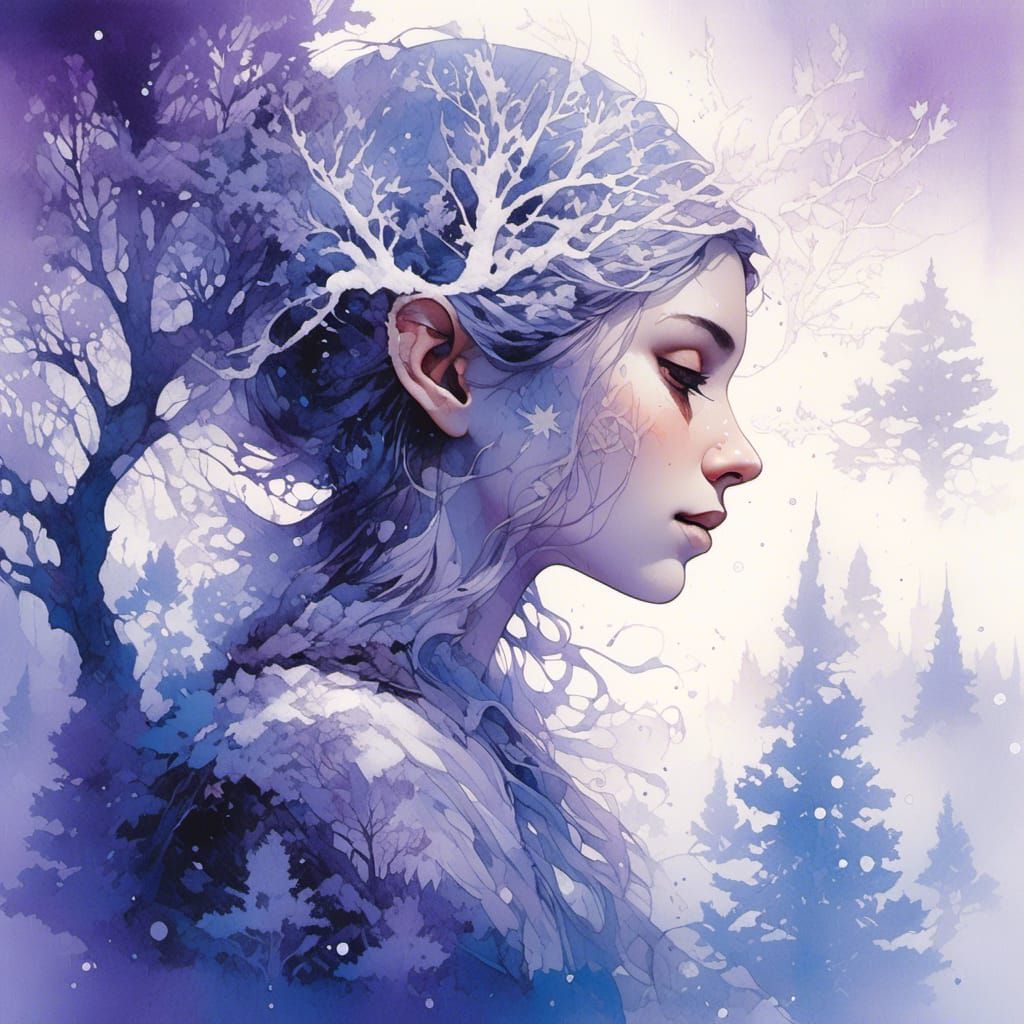 Winter Elf Silhouette Portrait in Hyperreal Style