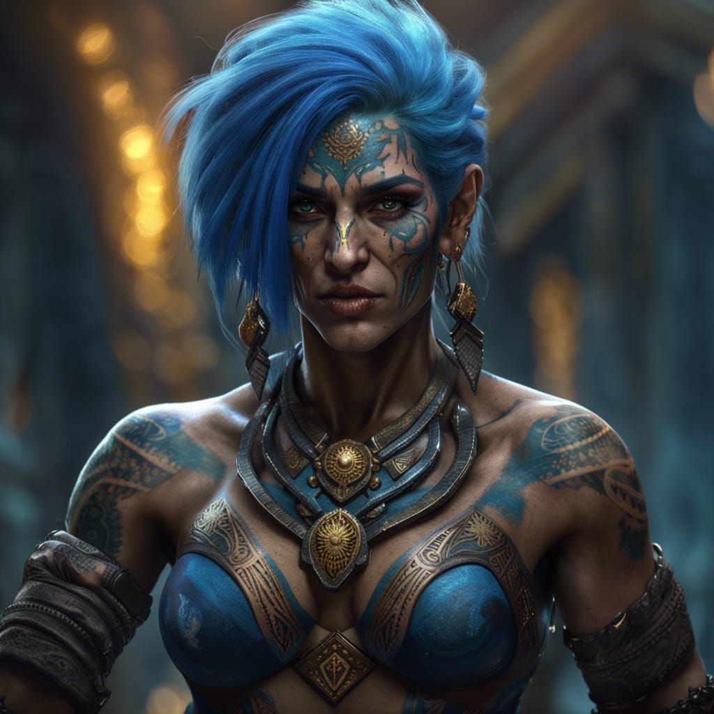 Powerful Goliath Woman with Tribal Tattoos, Hyperdetailed Ar...