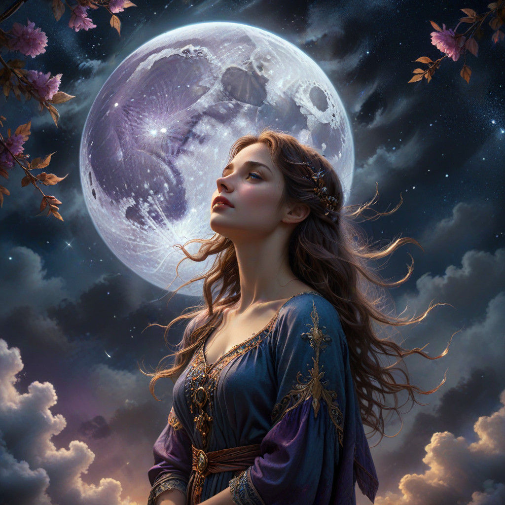 Ethereal Woman in Reverent Full Moon Adoration