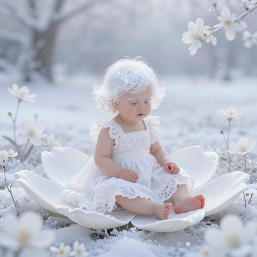 Ethereal Toddler on Frosted Flower Petal in Snowy Landscape