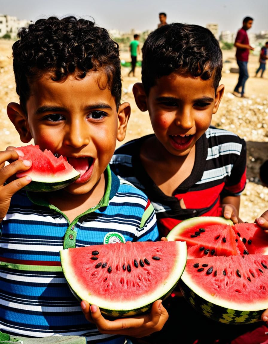young palestinians eating watermelon in gaza