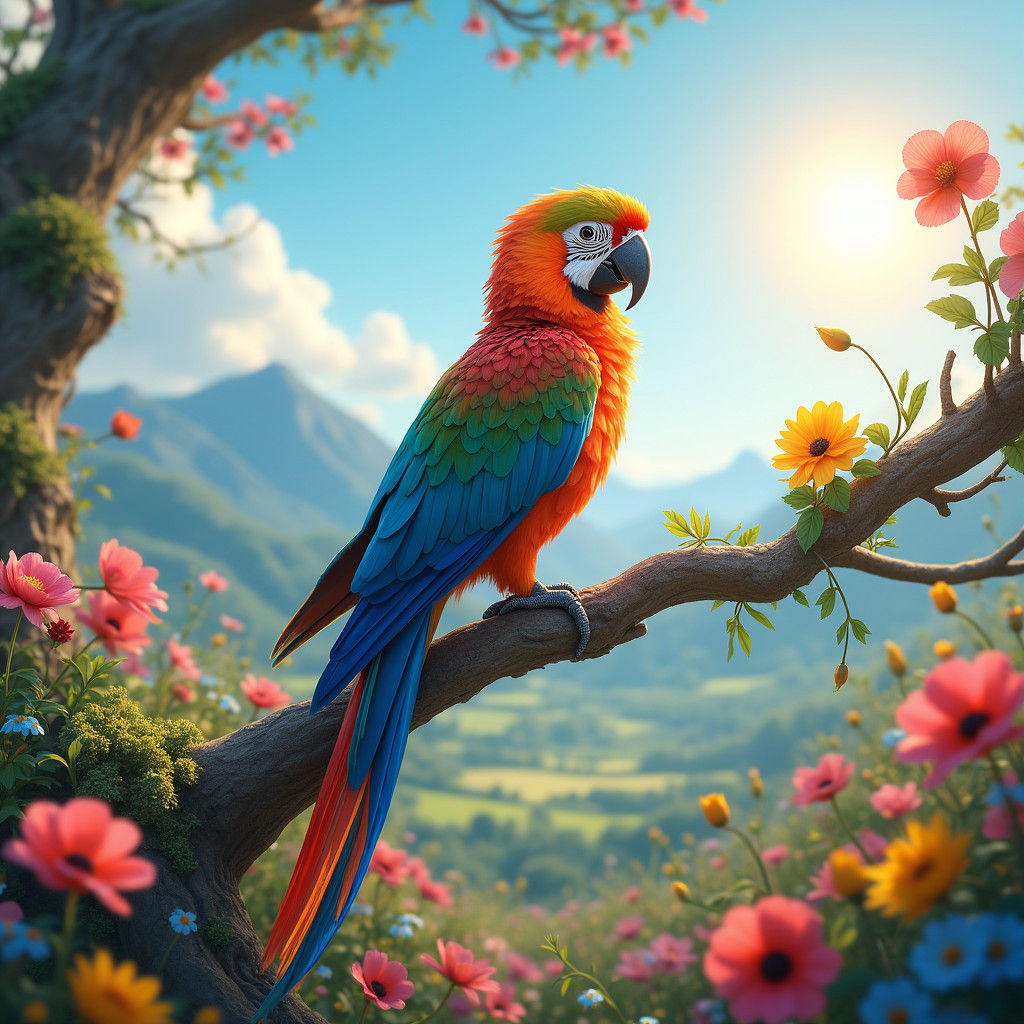 Exotic Parrot with Orchids in Fantasy Style