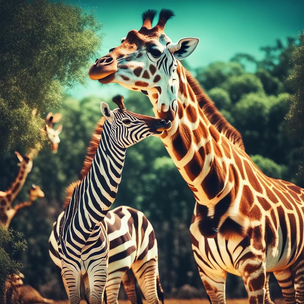Giraffe and Zebra Laughing in Hyperreal Photo