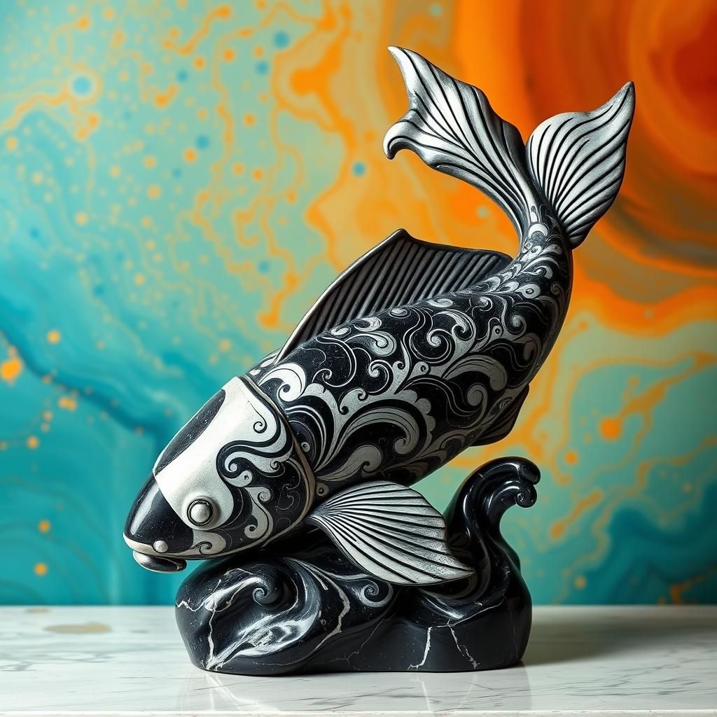 Abstract Marble Koi Sculpture with Vibrant Background