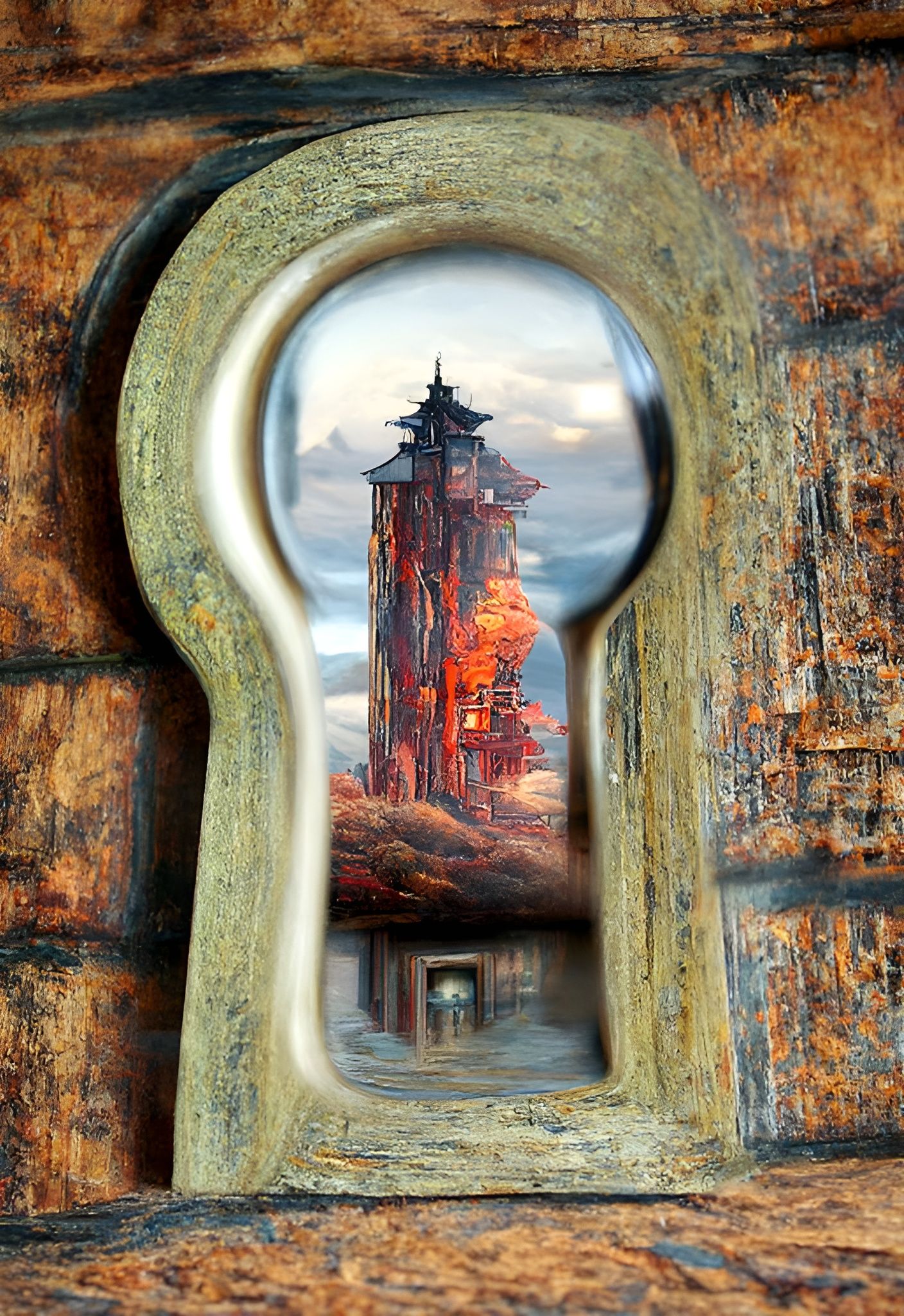 Haunted Tower Through Keyhole: Sci-Fi Horror Photorealism
