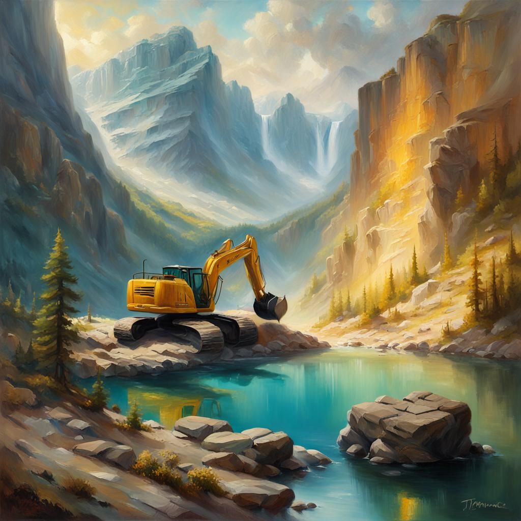 Excavator in Mountain Valley: Oil Painting Landscape