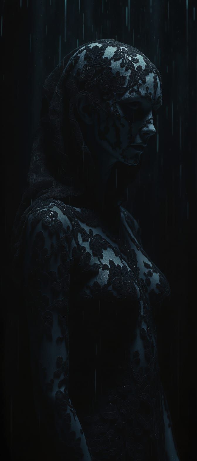 Ethereal Figure in Black Lace: Hyper-Realistic Gothic Portra...
