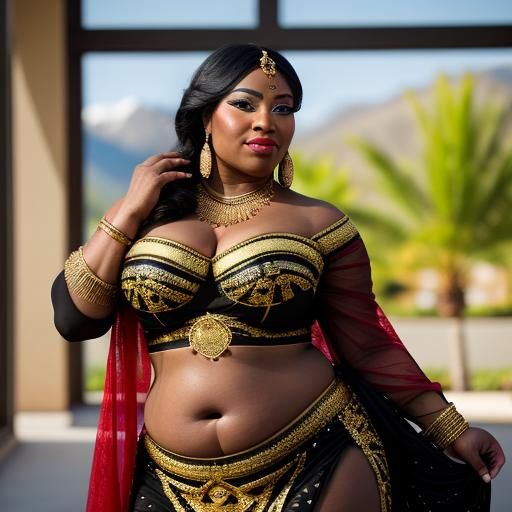 Ebony Belly Dancer in Red and Gold Outfit