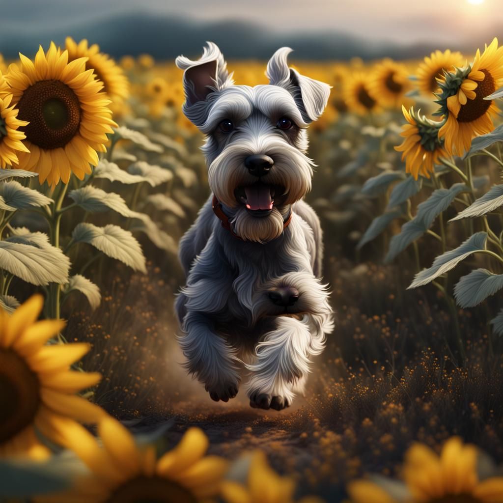 Miniature Schnauzers in Hyperrealistic Sunflower Field