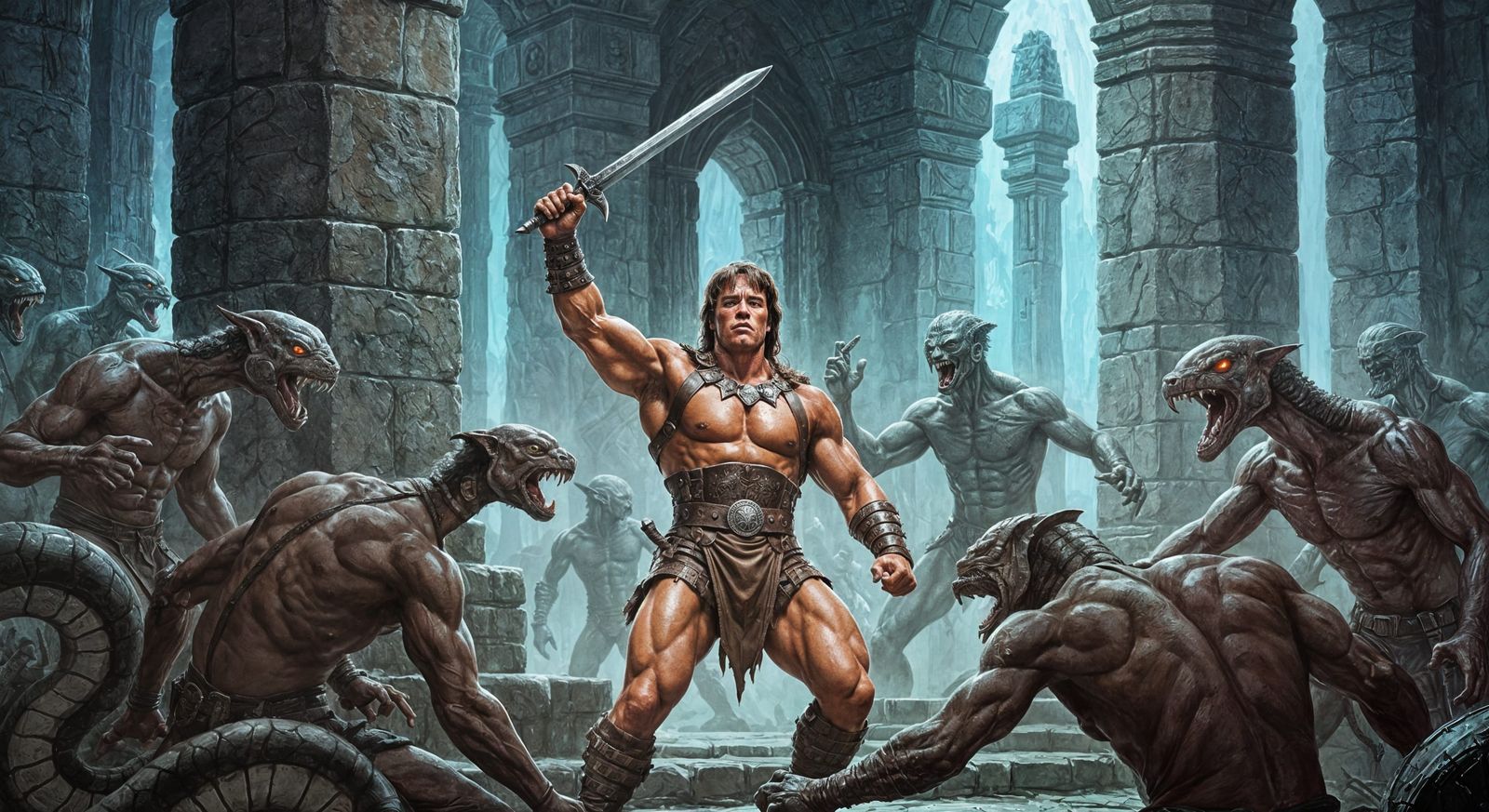 Conan the Barbarian Battles Serpent Men in Temple