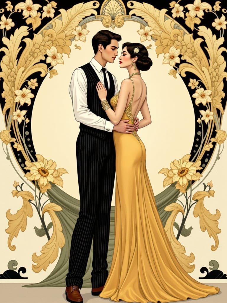 Elegant 1920s Couple in Luxurious Art Deco Style