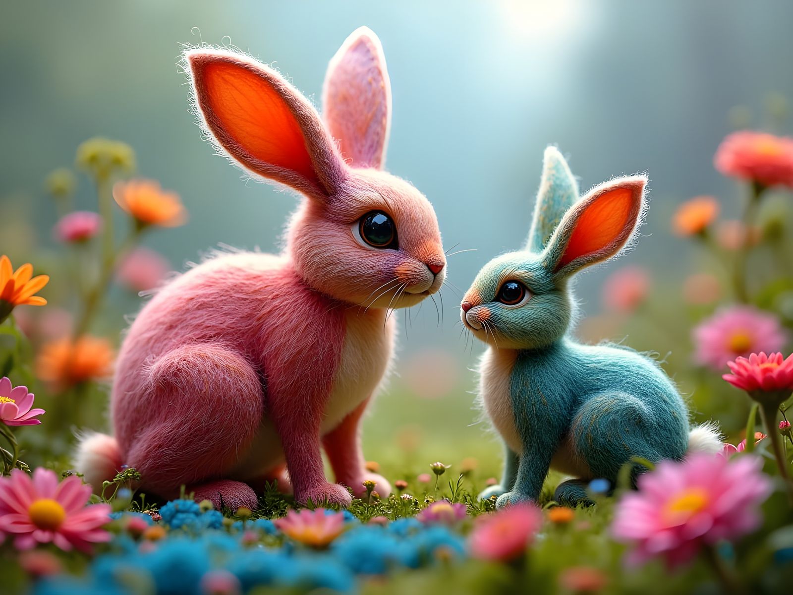 Felted Mother and Baby Rabbits in Flower Garden