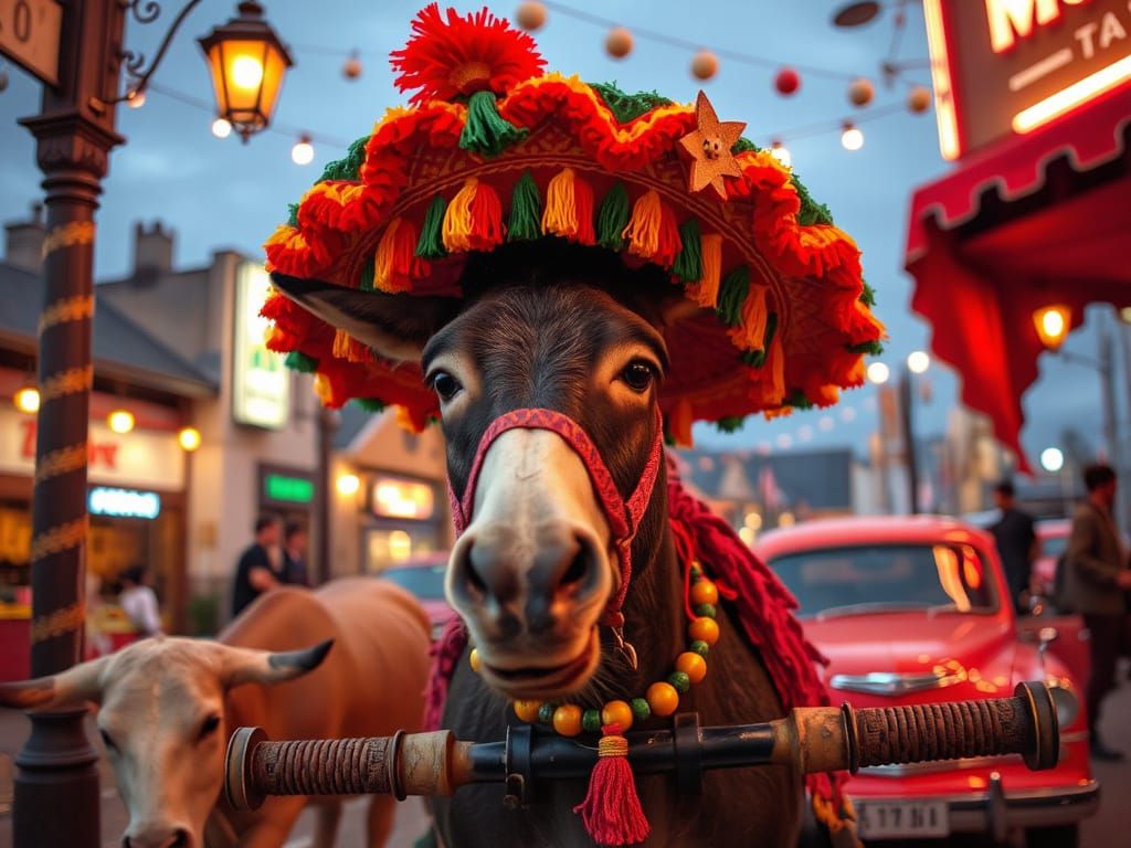 Donkey Rides Bull in Mexican Restaurant: Oil Painting