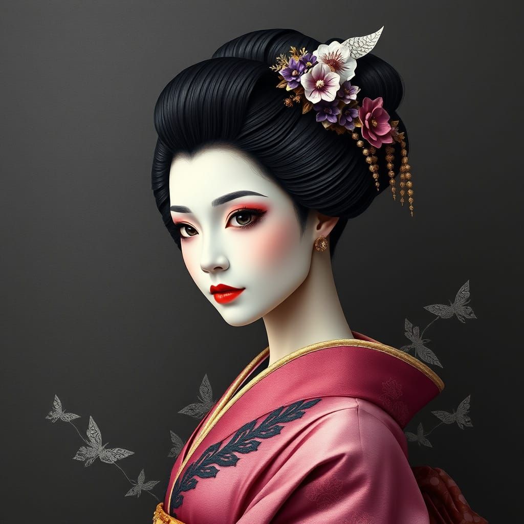 Hyper-Realistic Geisha in Dark Gray Elegance