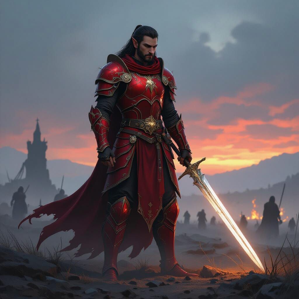 Elven Soldier in Red Armor on Dusk Battlefield