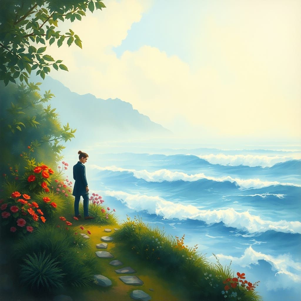 Figure Between Garden and Ocean in Impressionistic Style