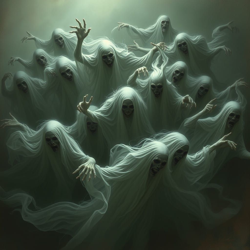 Ethereal Ghostly Forms in Dark, Ominous Atmosphere