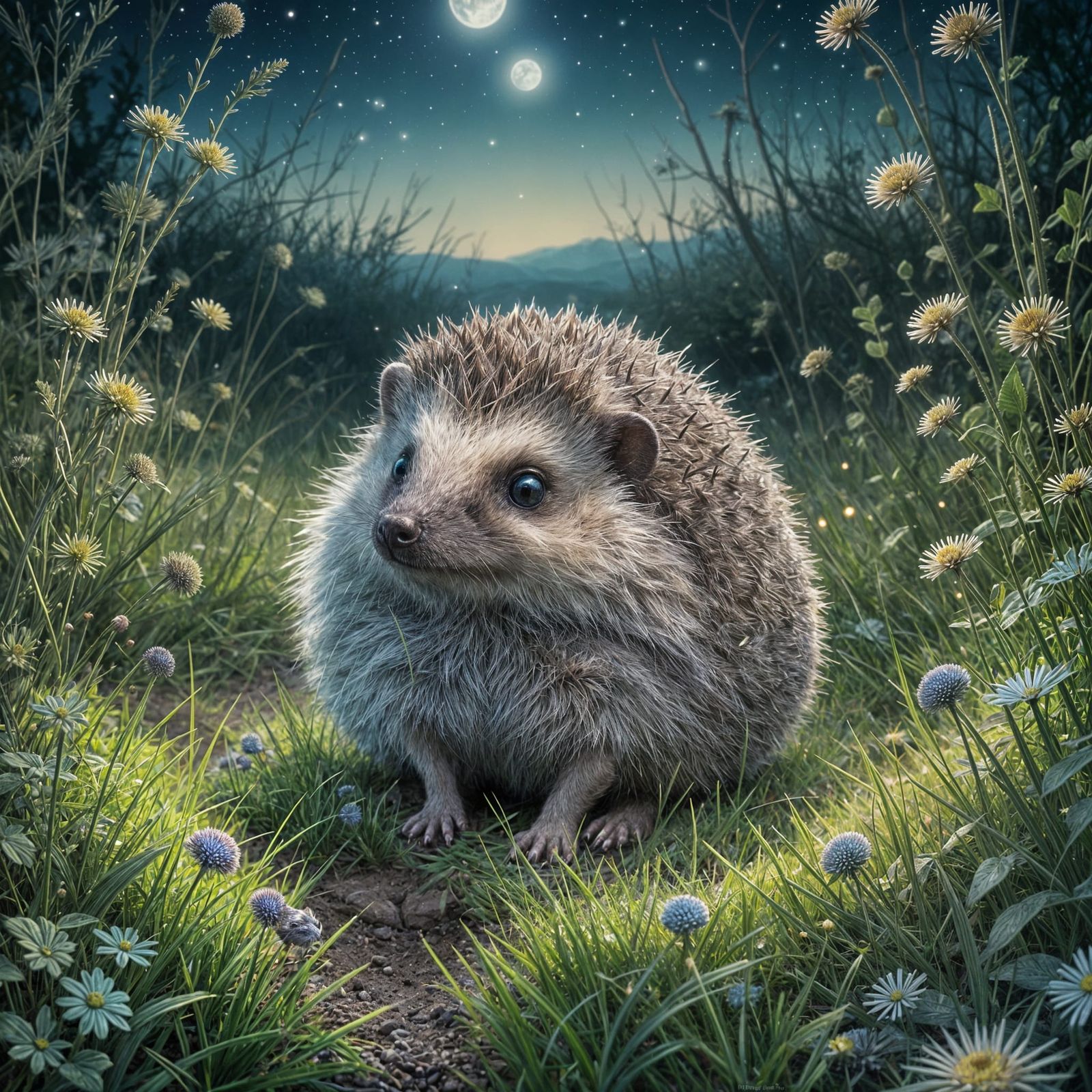 Hedgehog in Moonlit Meadow, Magical Realism