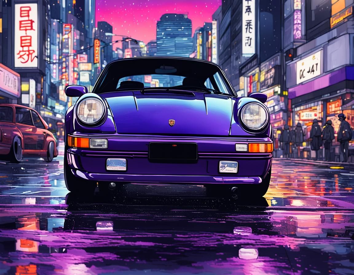Porsche 964 on Shibuya Street in Anime Style