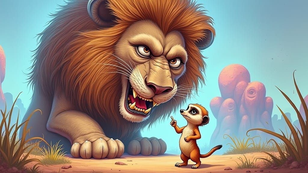 Brave Little Meerkat Defies the Lion in Whimsical Fantasy Ar...