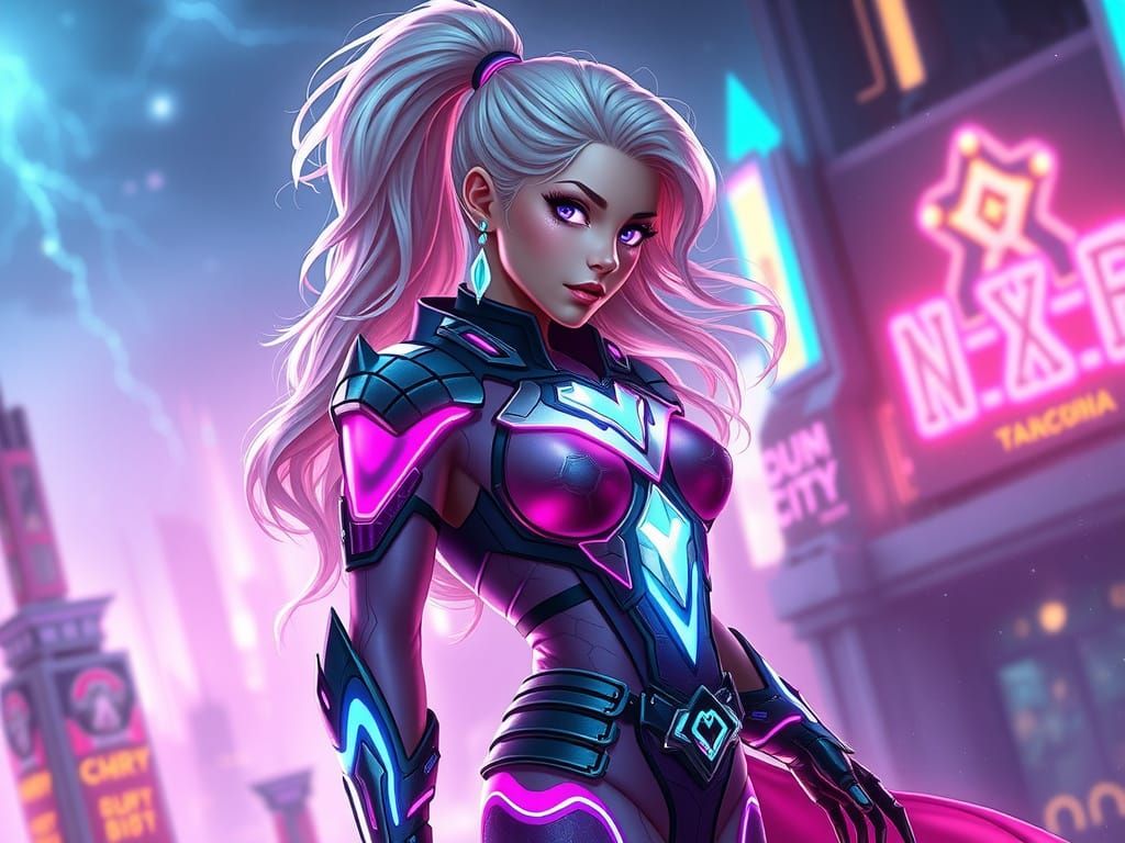 Neon Fantasy Heroine in Cyberpunk Style